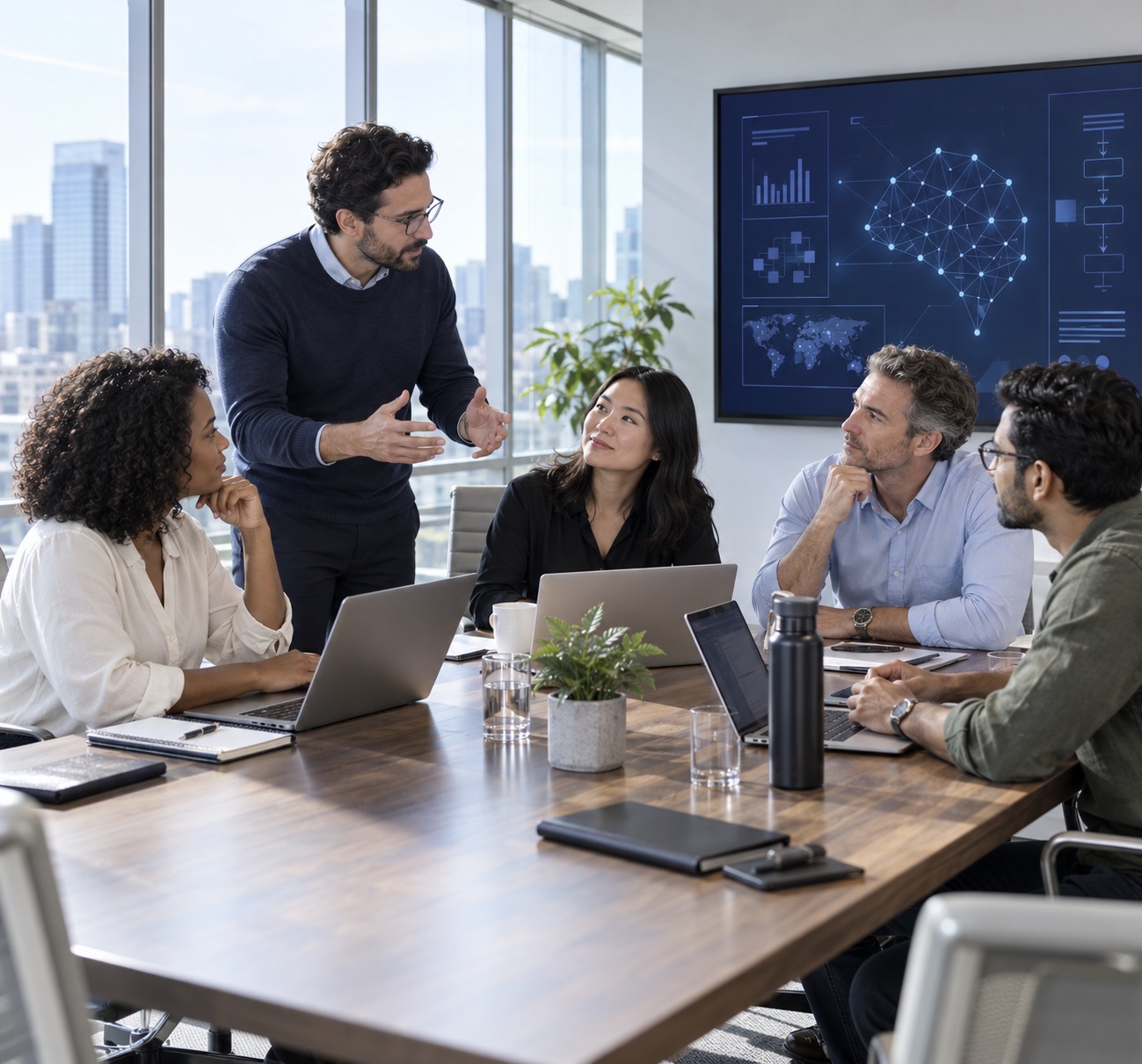 A team collaborating on an AI project in a high-tech boardroom